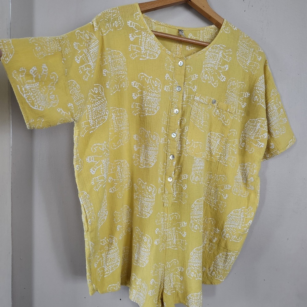 Intimately Free People Womens XS Yellow Gauzy Button Up Elephant Print Romper - Picture 3 of 7